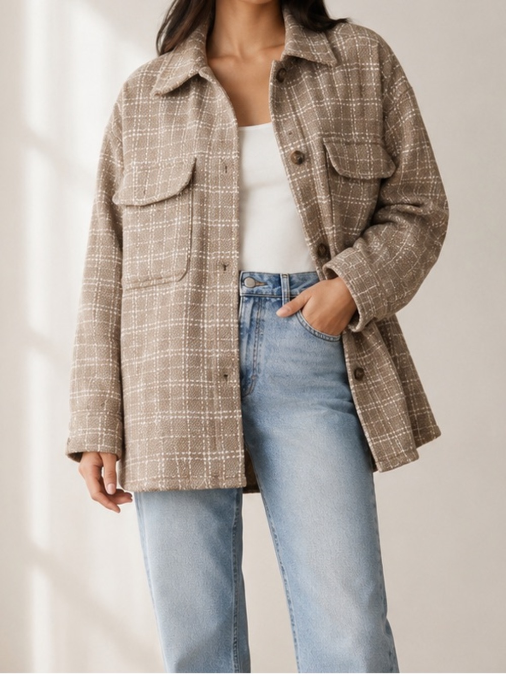 H&M Oversized Plaid Shacket Taupe Beige | Size M/L